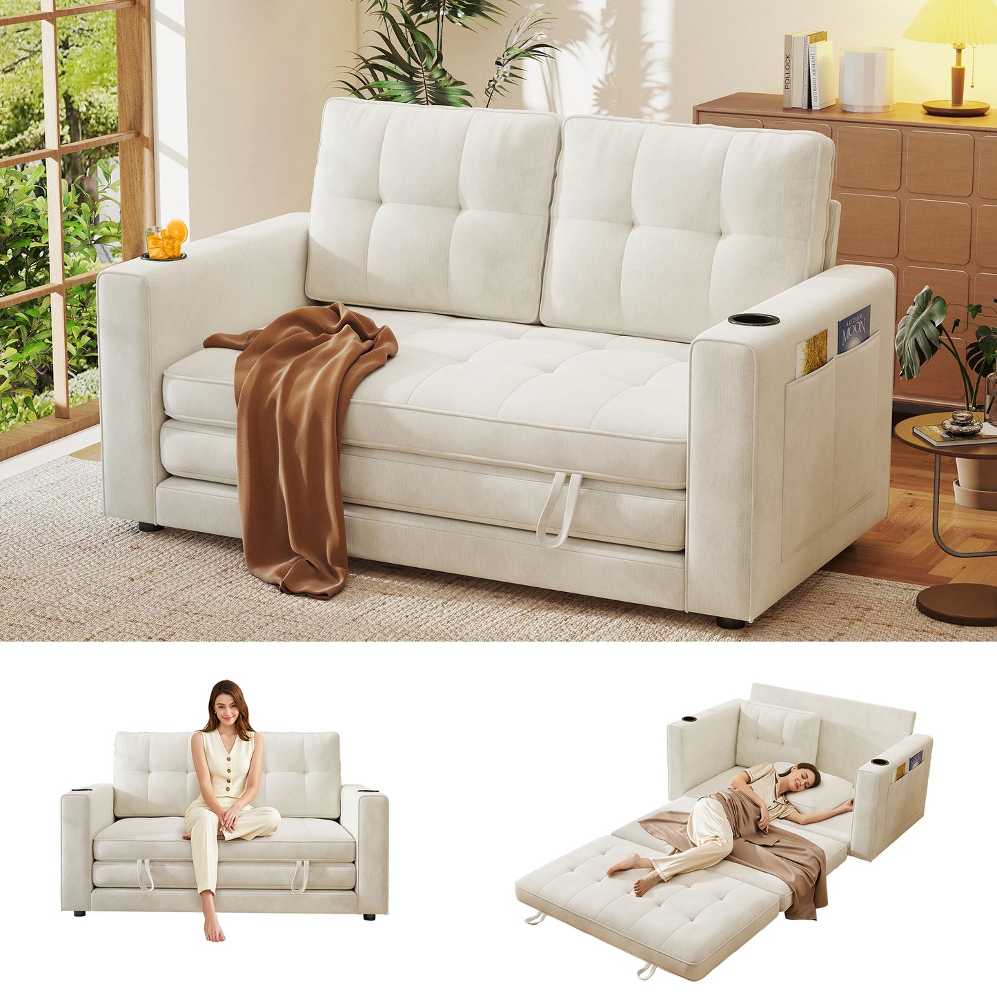 BedLuxury 55" Foldable Loveseat Futon Sofa Bed with Cup Holder & Storage Pocket, Sleeper Couch, Space Saving, Chenille