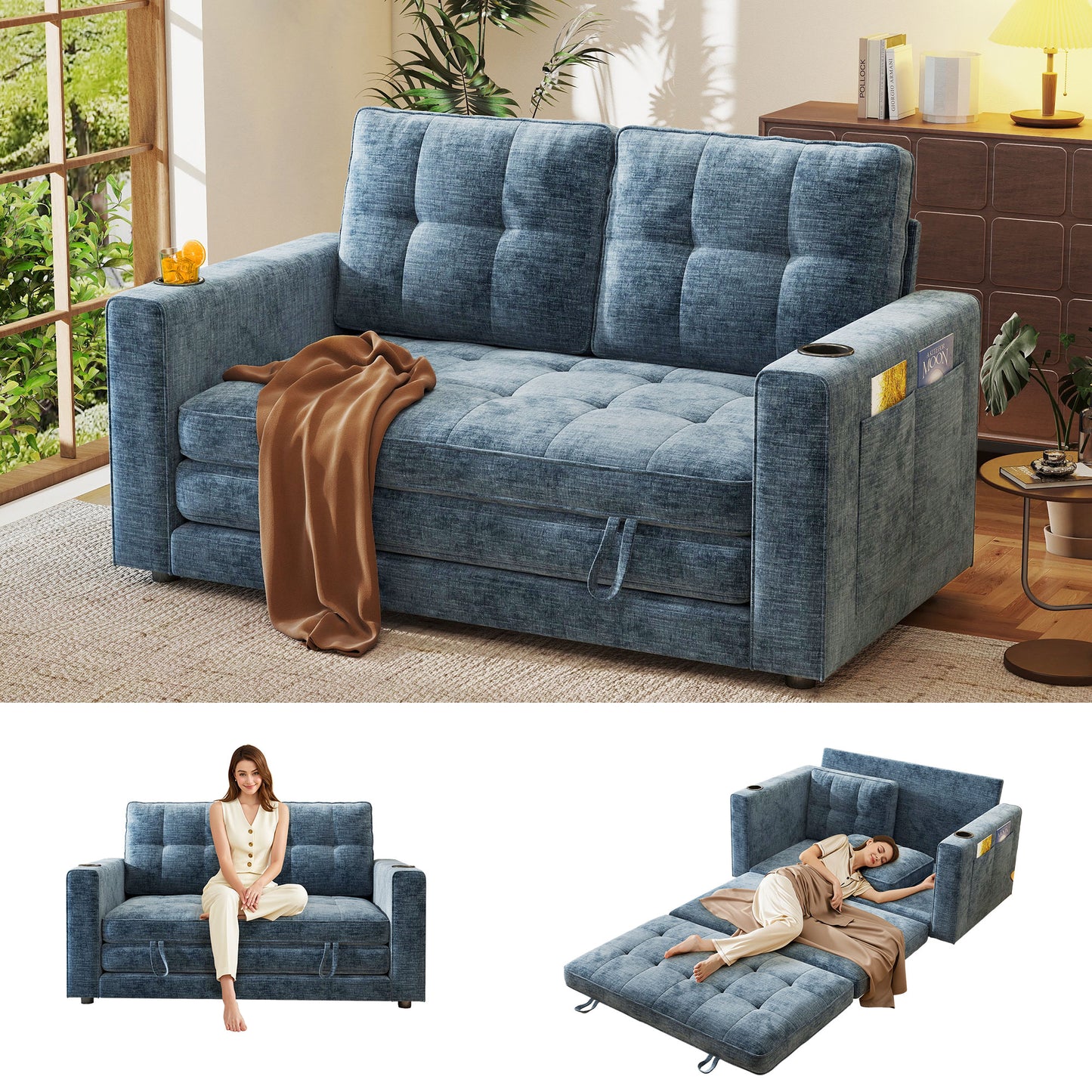 BedLuxury 55" Foldable Loveseat Futon Sofa Bed with Cup Holder & Storage Pocket, Sleeper Couch, Space Saving, Chenille