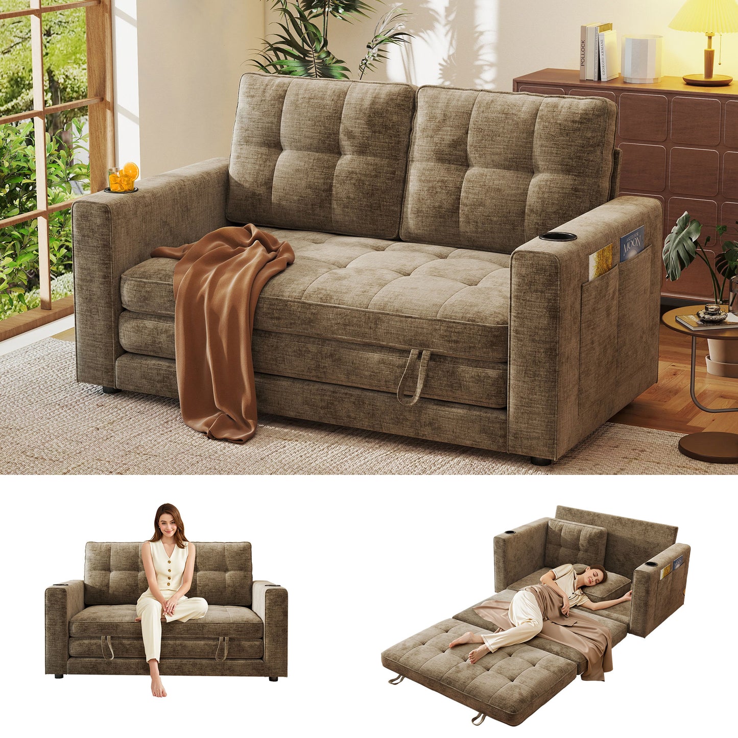 BedLuxury 55" Foldable Loveseat Futon Sofa Bed with Cup Holder & Storage Pocket, Sleeper Couch, Space Saving, Chenille