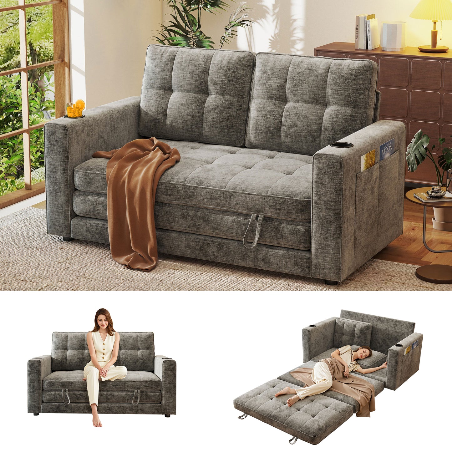 BedLuxury 55" Foldable Loveseat Futon Sofa Bed with Cup Holder & Storage Pocket, Sleeper Couch, Space Saving, Chenille
